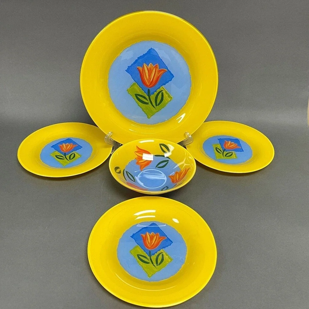 Cristal D'Arques-Durand Tulips Maty's Yellow Bowl Dinner Salad‎ Plates Glass